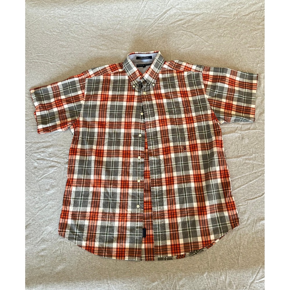 Tommy Hilfiger Mens Large Orange Grey Plaid Short Sleeve Button Down Shirt L